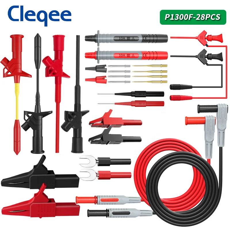 

Cleqee P1300F 28PCS 4mm Banana Plug Multimeter Test Leads kit with Replaceable Needles Test Hook Alligator Clip Test Probe Cable