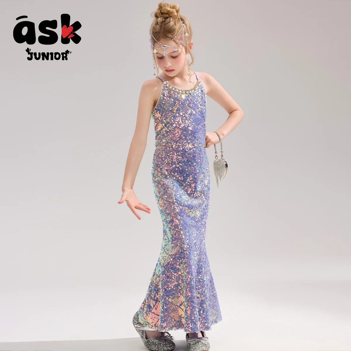 اسأل فستان الأميرة الصيفي ذو التصميم المزخرف بالترتر للأطفال البنات الطويلة بحمالات ذيل السمكة #3