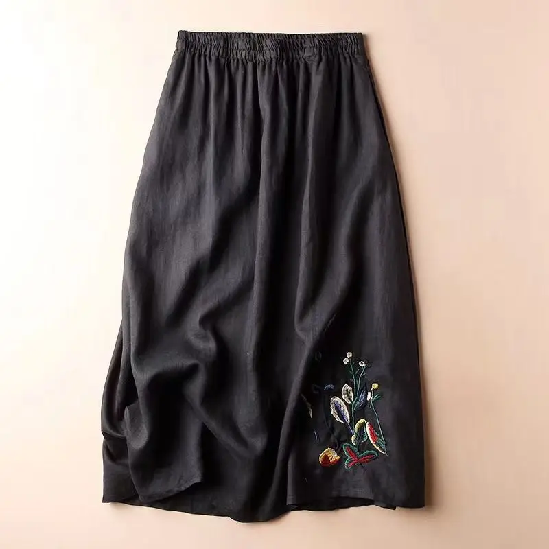 2024 New Summer Retro Ethnic Style Minimalist High Waisted Elastic Solid Color Printed Embroidered Women's Straight Leg Skirt