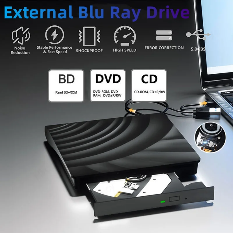 Unidade Blu Ray externa 2 em 1 USB 3.0 Tipo-C Slim Optical CD/DVD Player BD-Combo Compatível com Mac OS Windows XP/7/8/10/11