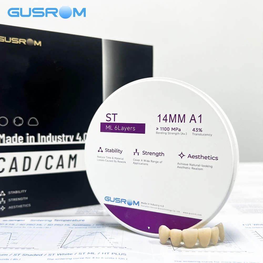GUSROM ST ML Zirconia Block High Strength 98mm Pre-Stained Dental Zirconia Disc for CAD CAM Posterior Crown Bridge Dental Lab
