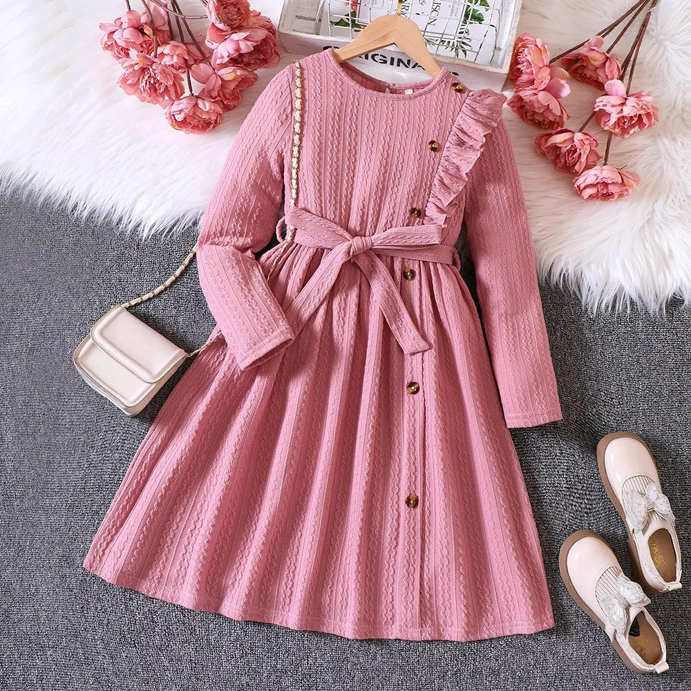 2023 Winter New Girls Dress Long Sleeve O Neck Ruffles Button Pink Cute Designer Girls Princess Dress Vestido 12M-5T