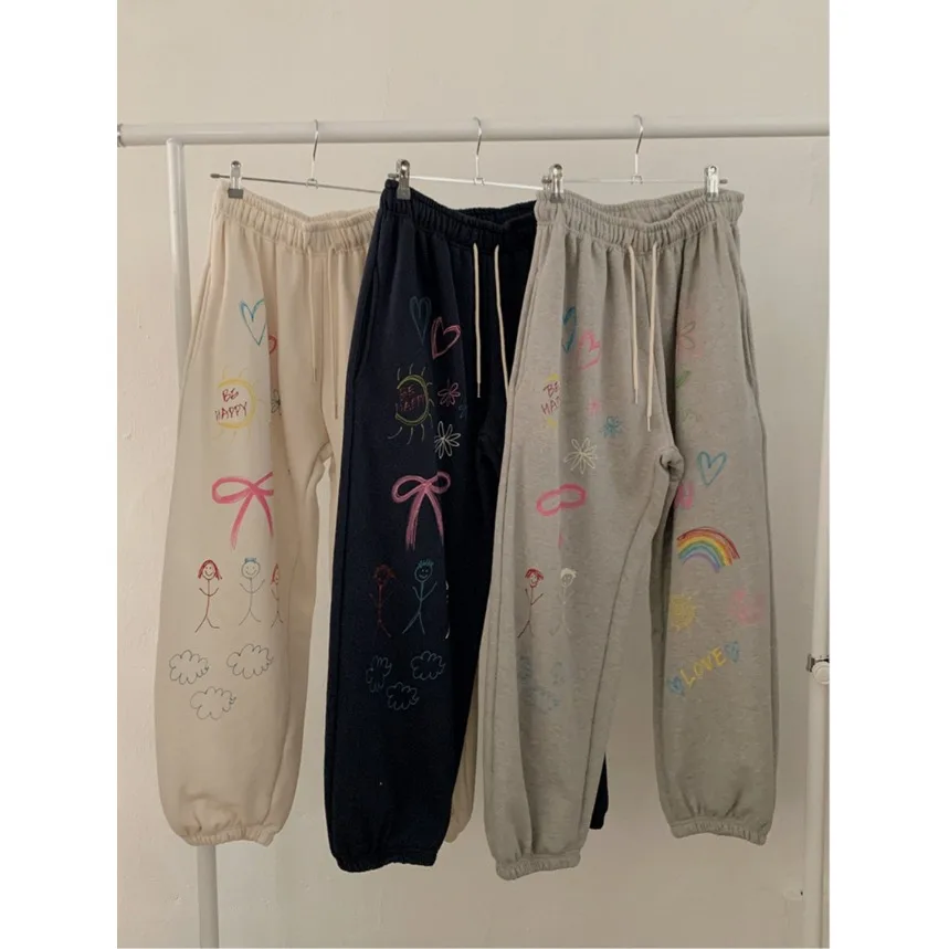 

Детские спортивные брюки с флисовой подкладкой, с манжетами на щиколотках, с милым мультяшным принтом, в японском стиле, осенне-зимняя коллекция