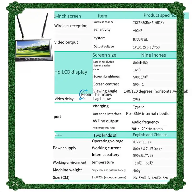 

9 Inch 5.8G FPV Monitor LCD Screen 800X480 20Hz--20Khz Stereo Dual Receiver For RC FPV Drone Quadcopter Durable EU Plug