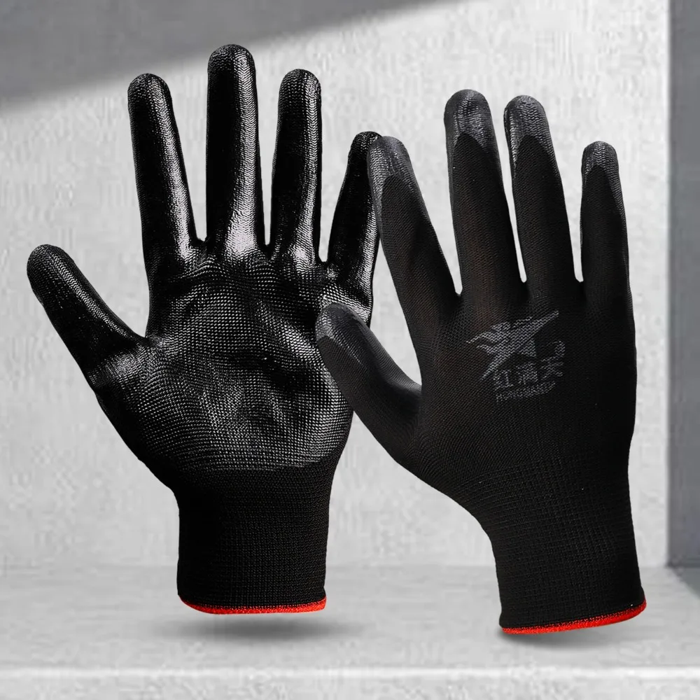 1/10Pairs Black Wear-resistant Safety Work Gloves Nitrile Coated Outdoor Working Gardening Builders Industrial Protective Gloves