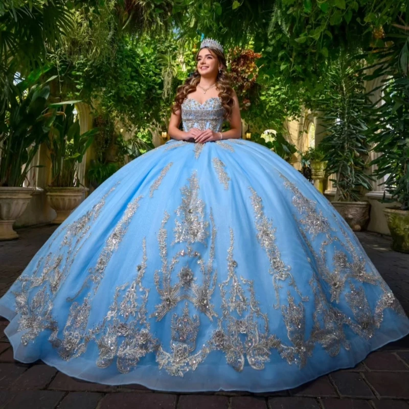 

Light Blue Shiny Quinceanera Dresses Off The Shoulder Applique Lace Bow Beads Tull Corset Ball Gown Vestidos De 15 Anos Sweet 16
