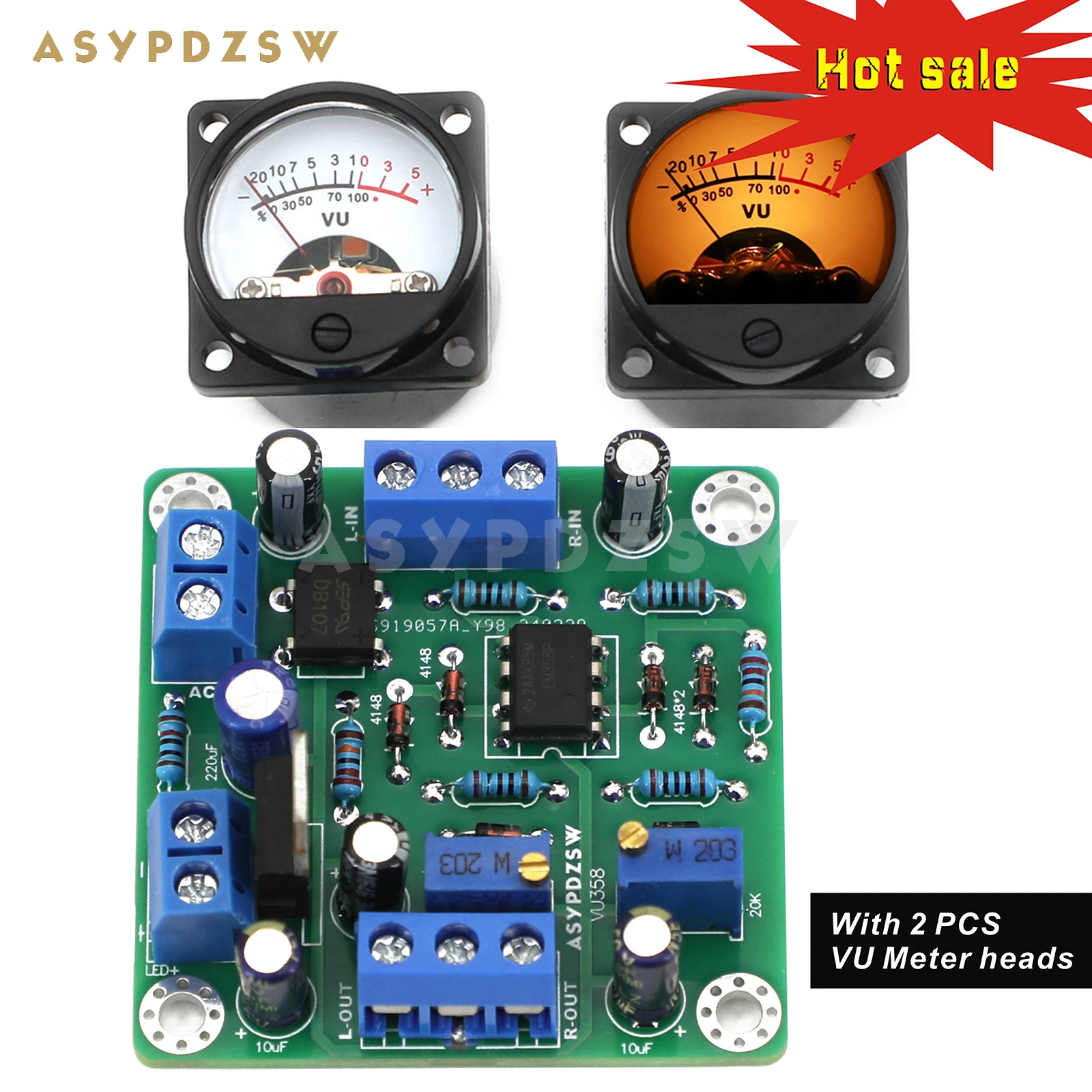 ASYPDZSW VU358 VU 레벨 LM358 오디오 계량기 드라이버 DIY 키트, 완제품 보드, 따뜻한 LED 계량기 헤드 포함, 감도 조절 가능 2 개