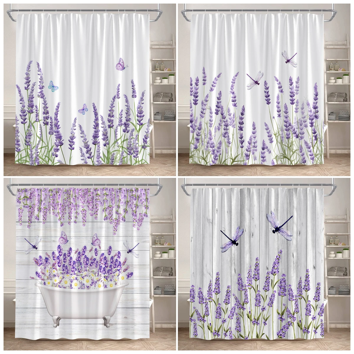 Purple Lavender Shower Curtain Butterfly Dragonfly Watercolour Floral Plant Bath Curtain Set Polyester Bathroom Decor with Hooks