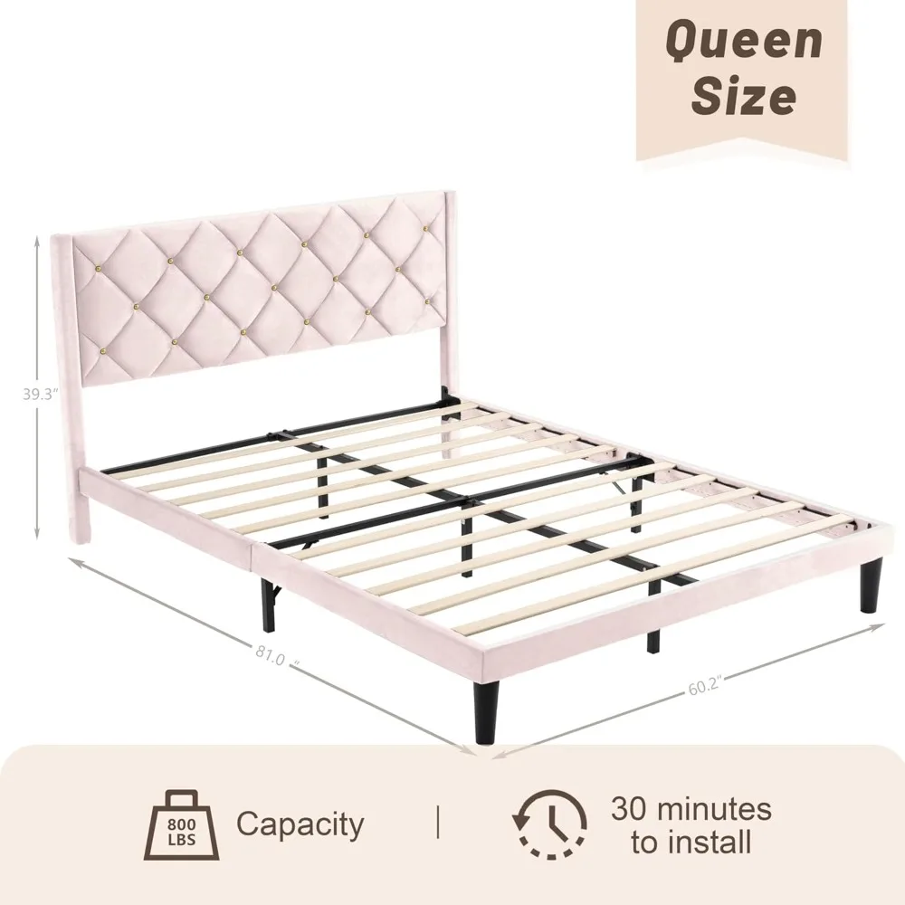 إطار سرير بمنصة رأس مخملية بحجم كوين مع دعامة خشبية وسهلة التجميع