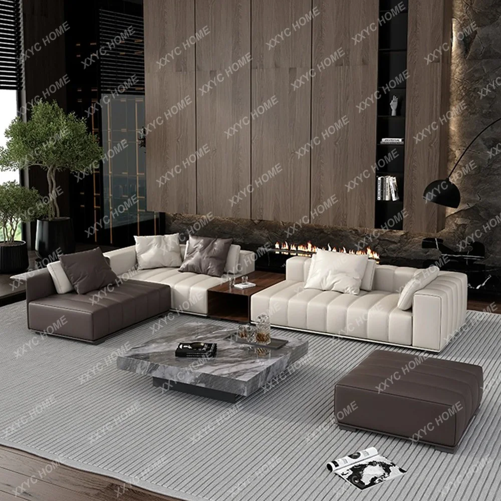 Minimalist leather sofa combination light luxury living room household size apartment high-end piano key sofa