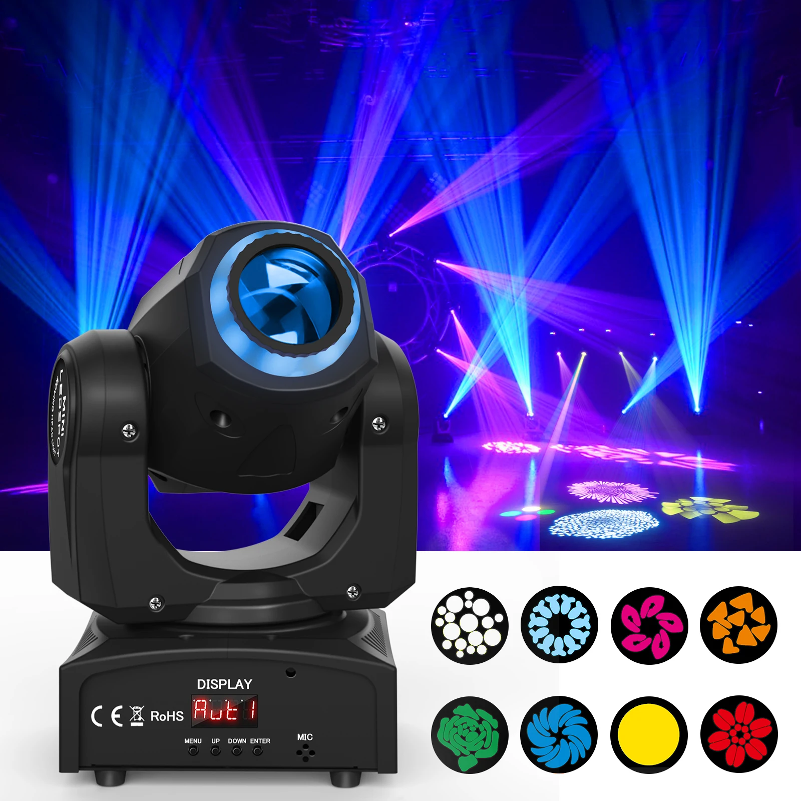 Fieryzeal 120W Beam Moving Head Light 8Patterns RGB Strobe Effect Lighting LED Spot Stage Light for DJ Disco Show Concert Party