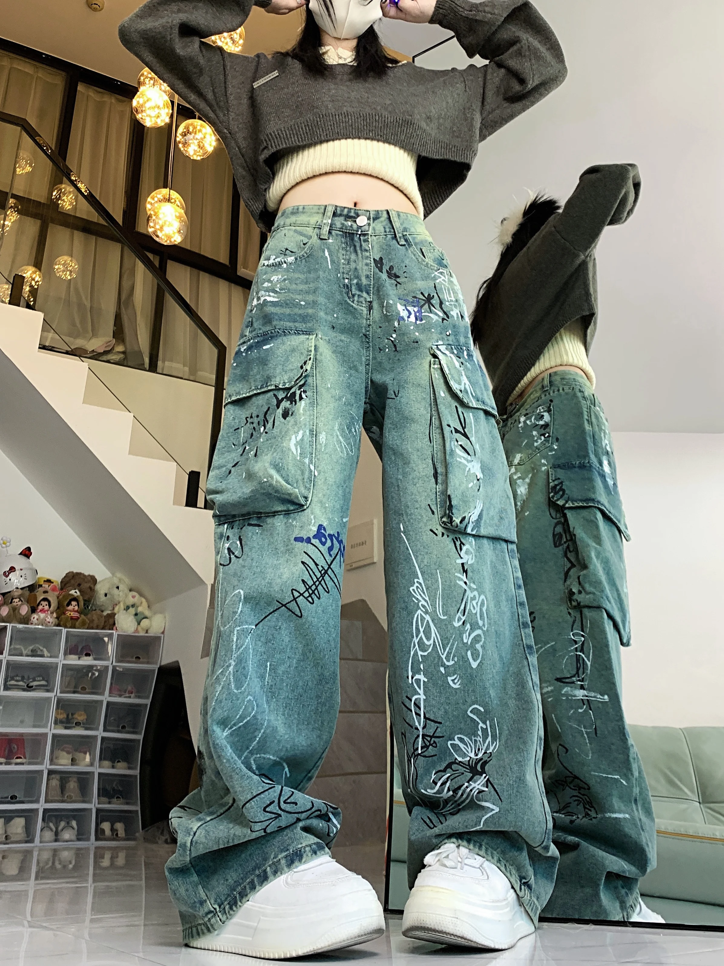 Calça cargosa estilo harajuku com estampa grafite feminina, jeans de personalidade de rua alta, nova moda, verão, 2024