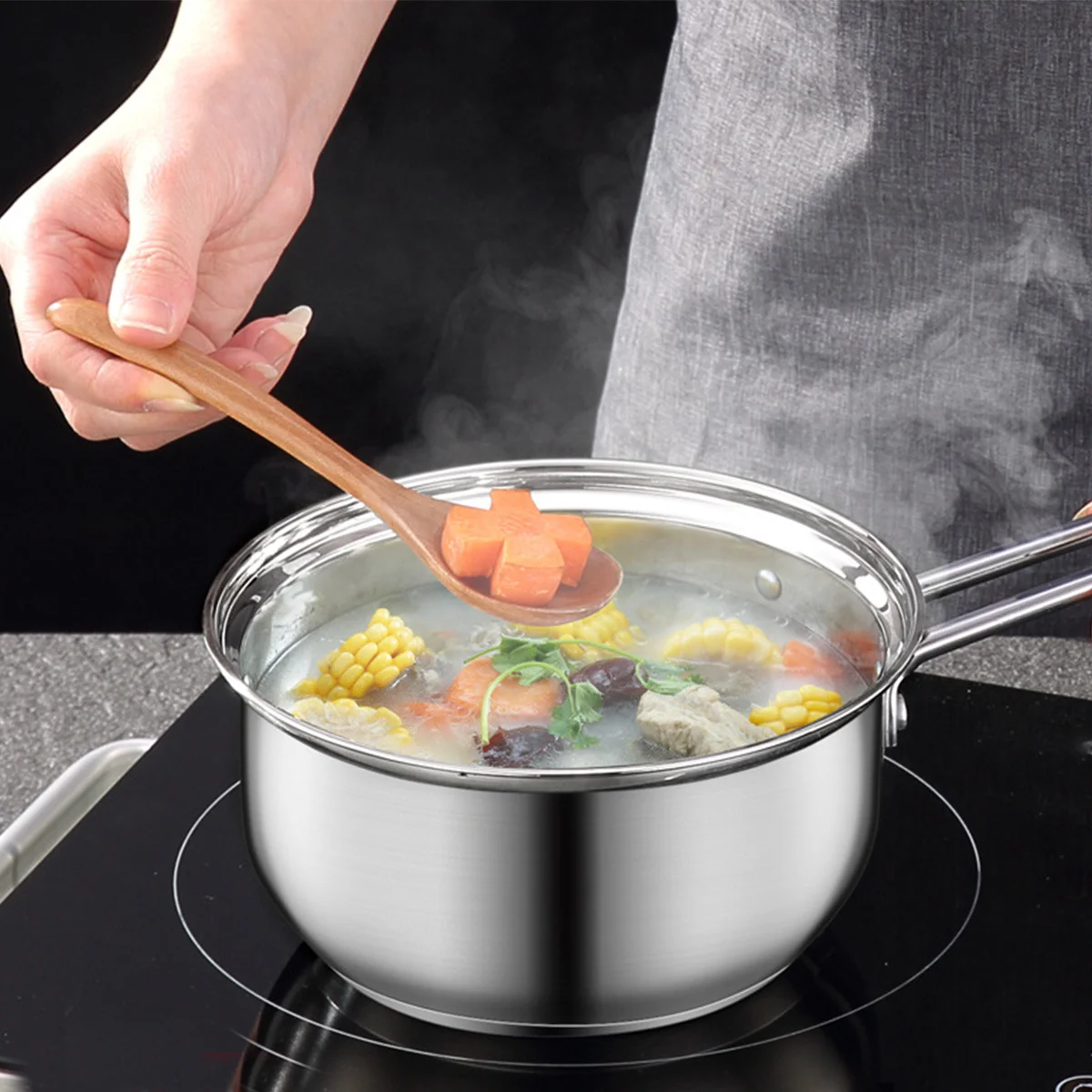 Thickened Milk Pot Stainless Steel Glass Lid Heat-Resistant Porridge Pan For Baby Food Soup Cooking Lidded Household