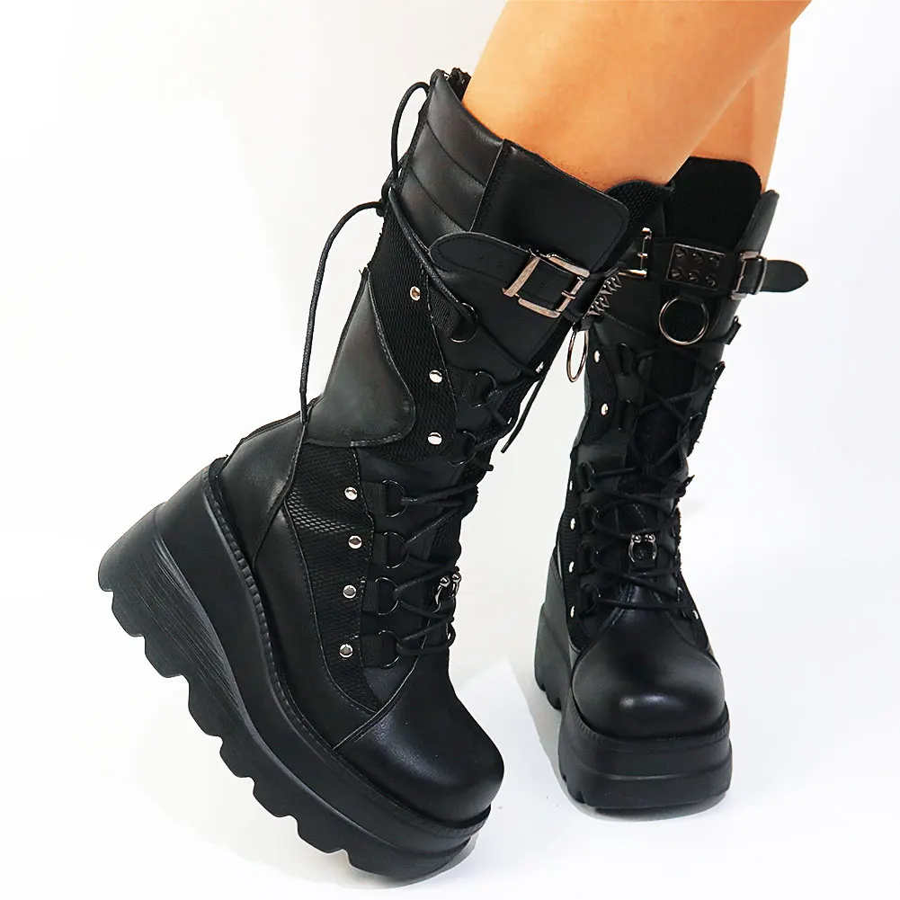 Big Size 35-43 Brand Design Ladies High Platform Boots Fashion Rivet Goth High Heels Boots Women Cosplay Wedges Punk Shoes Woman