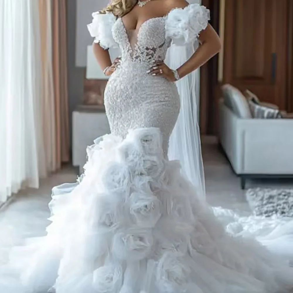 Luxury Sweetheart Beading Sleeveless Tulle Floral Mermaid Bride Wedding Dresses Bridal Gowns Customized