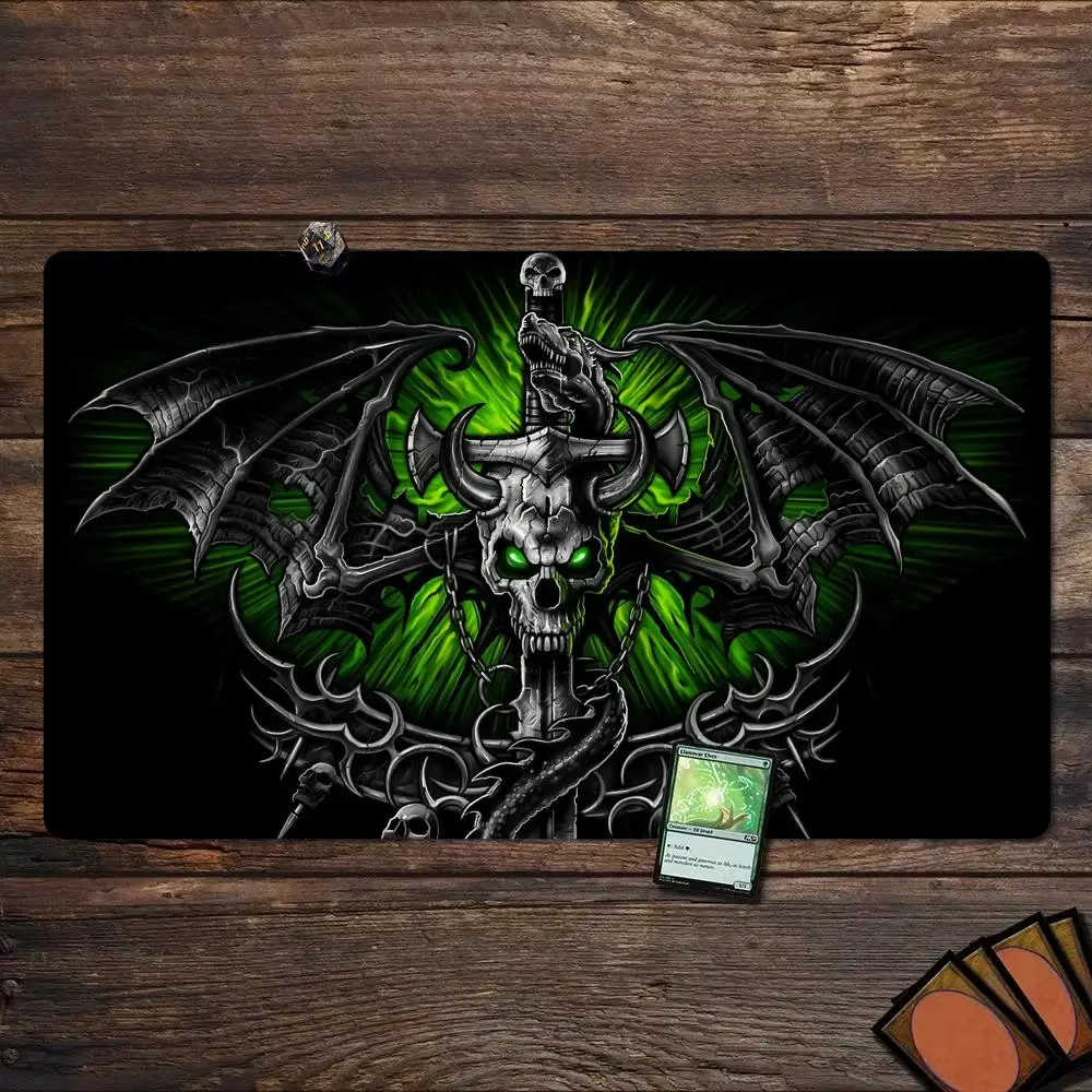 Green Glow Skull Dragon TCG Playmat 35X60CM Wing Sword Skeleton Magic Card Mat Non-Slip Durable Stitched Edge Tabletop Playmat