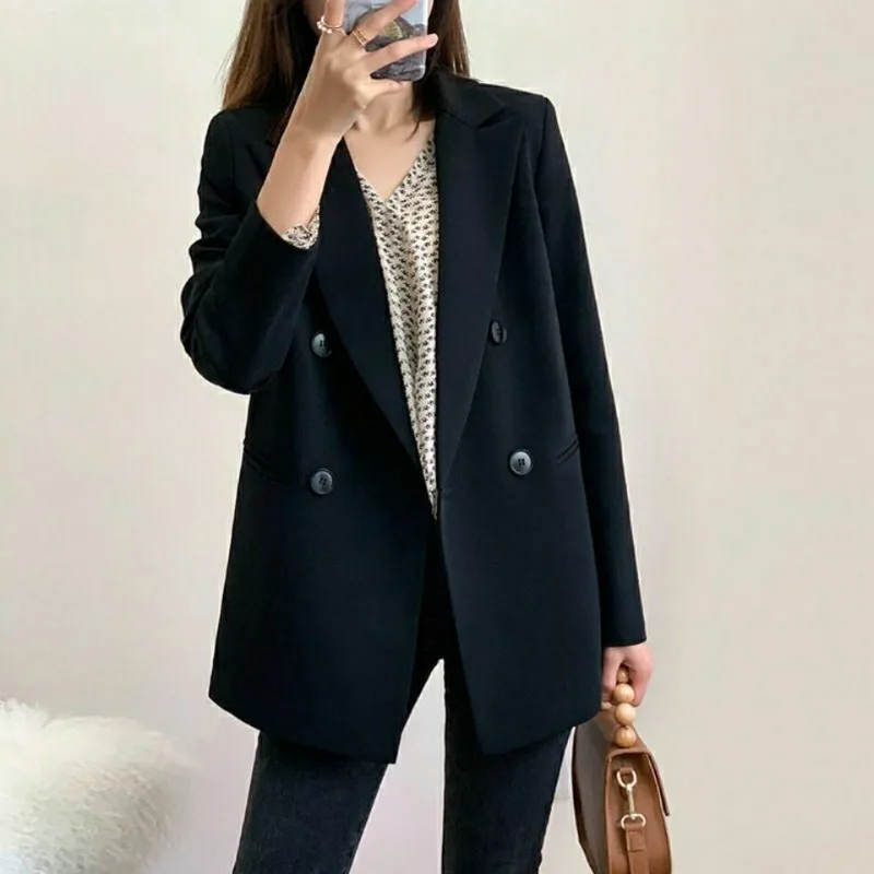 Blazers Women Korean Notched Fashion Style Elegant Long Sleeve Coats Casual Outwear Ins Solid Simple Office Ladies Spring Autumn