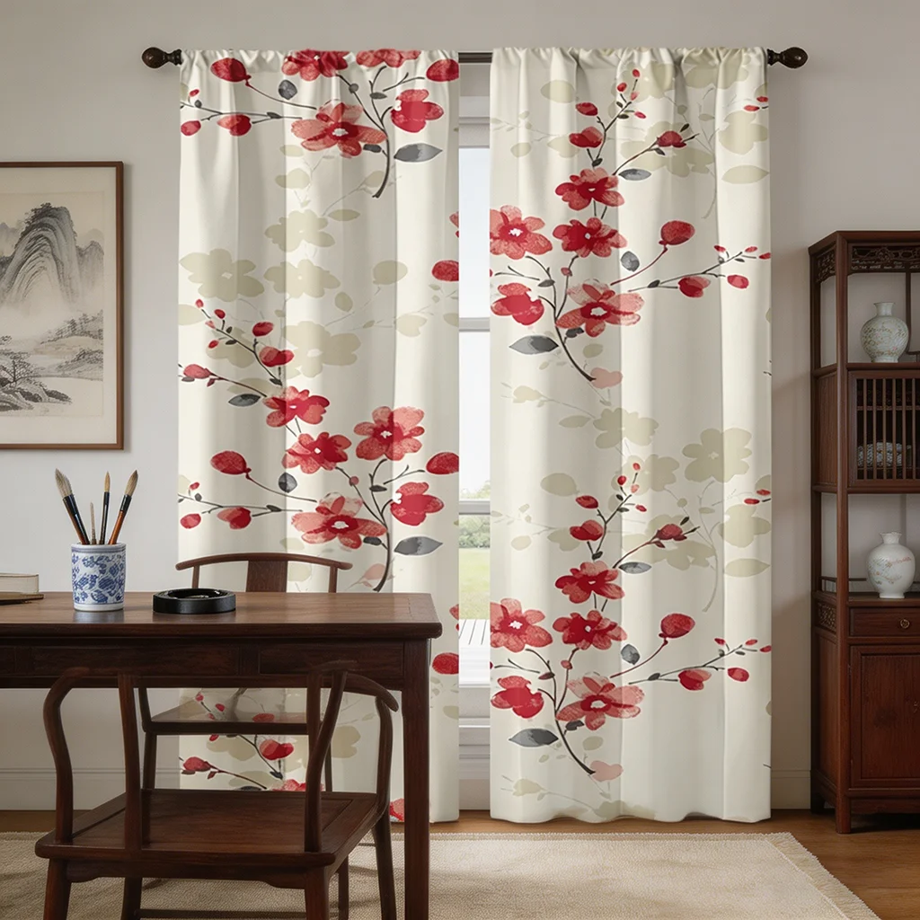 2PCS Curtains, Beige Base with Red Floral Pattern, Suitable for Bedroom and Living Room, Rod Pocket Style