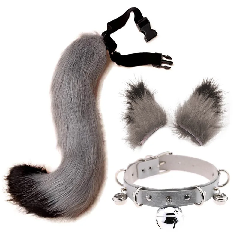 Sexy Gothic Cat Ears Tail Set with Choker Faux Fur Cosplay Accessory for Halloween Wolf Fox Animal Tail Cosplay Costume