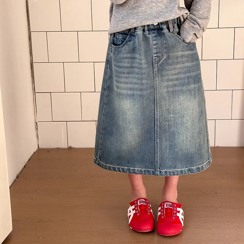 

Denim Skirt Spring New Korean Fashionable Casual Mid To Long All-match Basic Denim Skirt Kids Clothes Girls