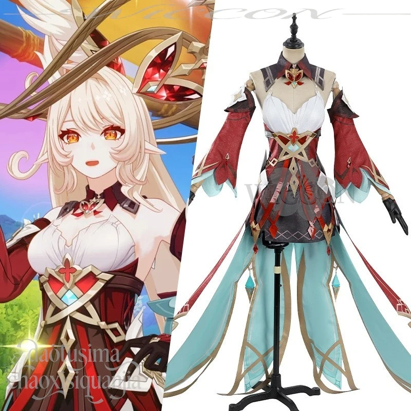 أليس تأثيري أنيمي لعبة Genshin تأثير زي قبعة الساحرة موحدة مقطورة طويلة مثير فستان أحمر الكرتون الباروكات هالوين عيد الميلاد