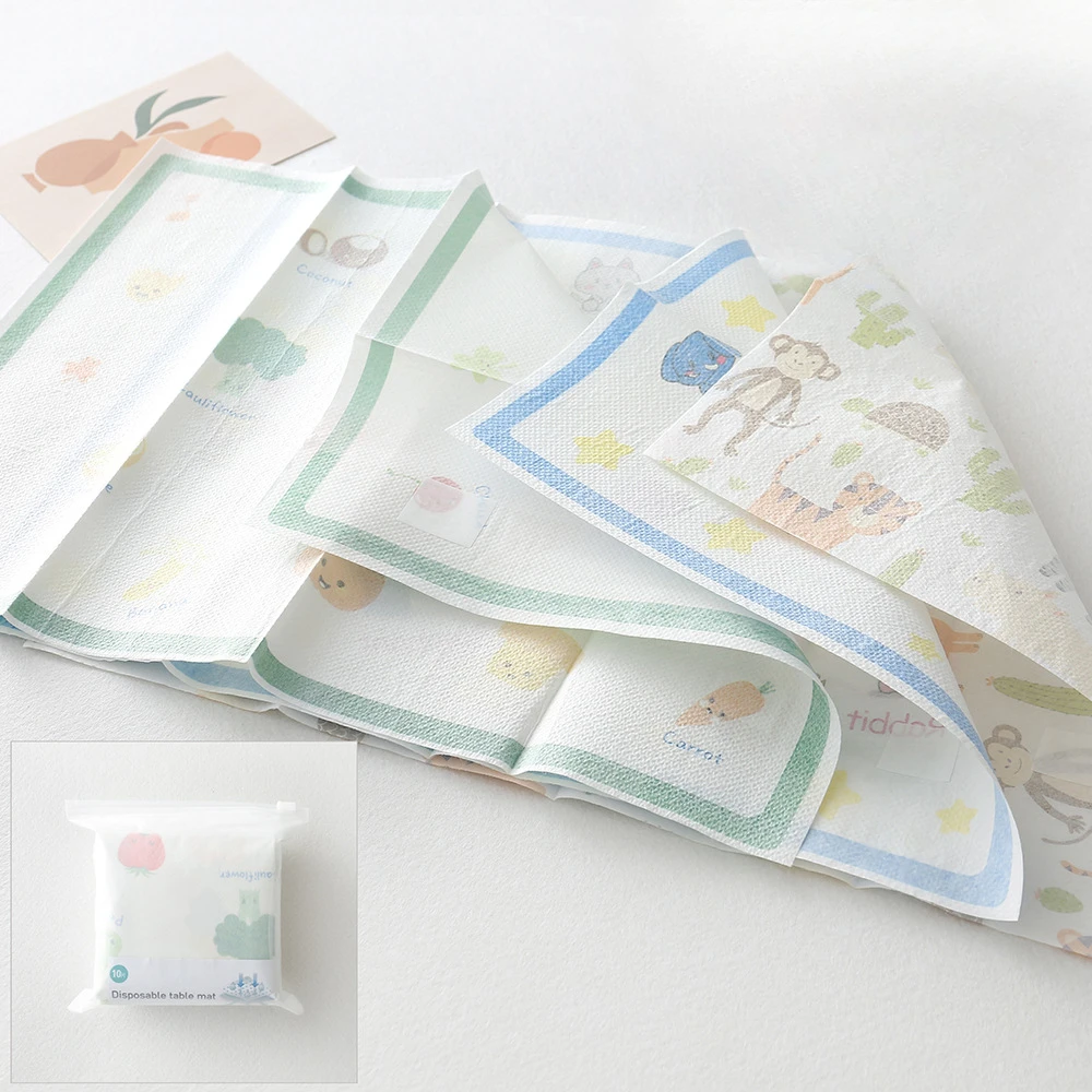 10pcs/pack Disposable Bibs for Baby Portable Placemats Table Dining Baby Travel Cartoon Toddler for Kids Paper Saliva Towel