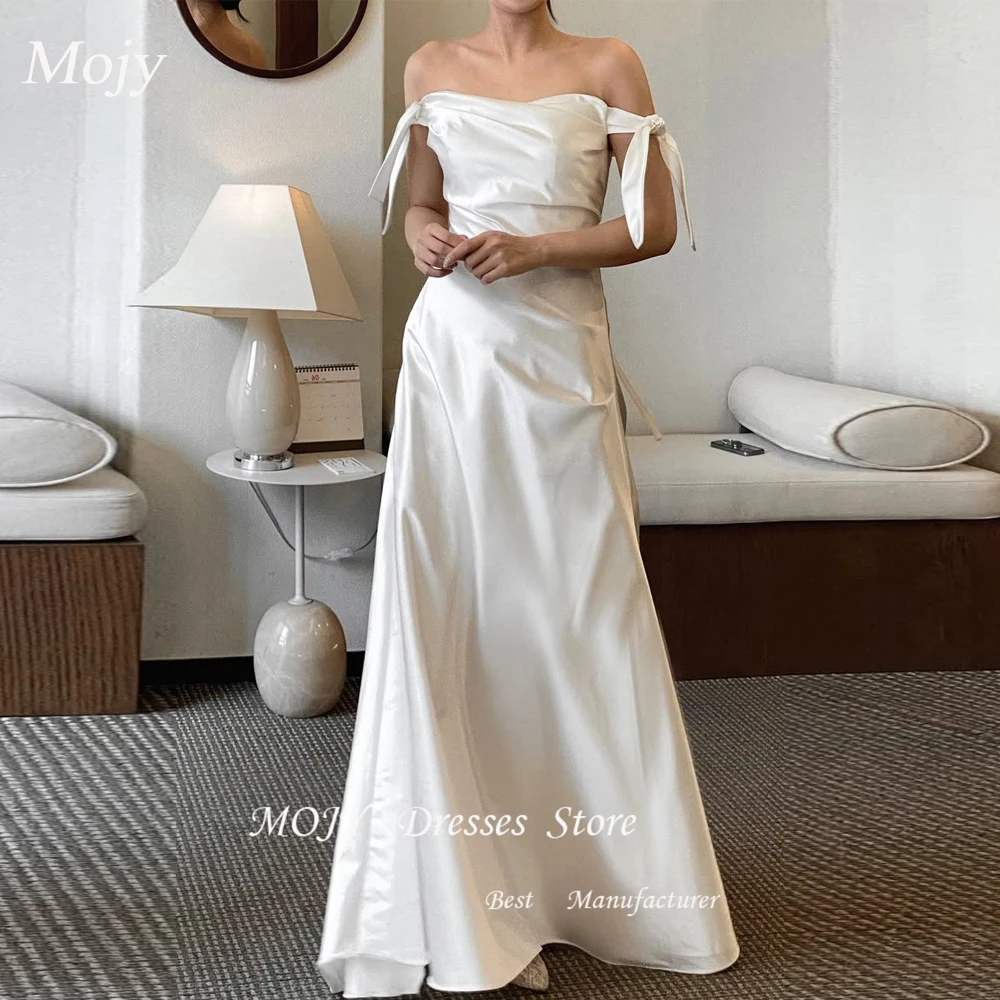 

Mojy Off the Shoulder Korea Wedding Dresses 웨딩드레스 Silk Satin Ivory Sleeveless Corset Customized Pretty Bride Gowns Plus Size