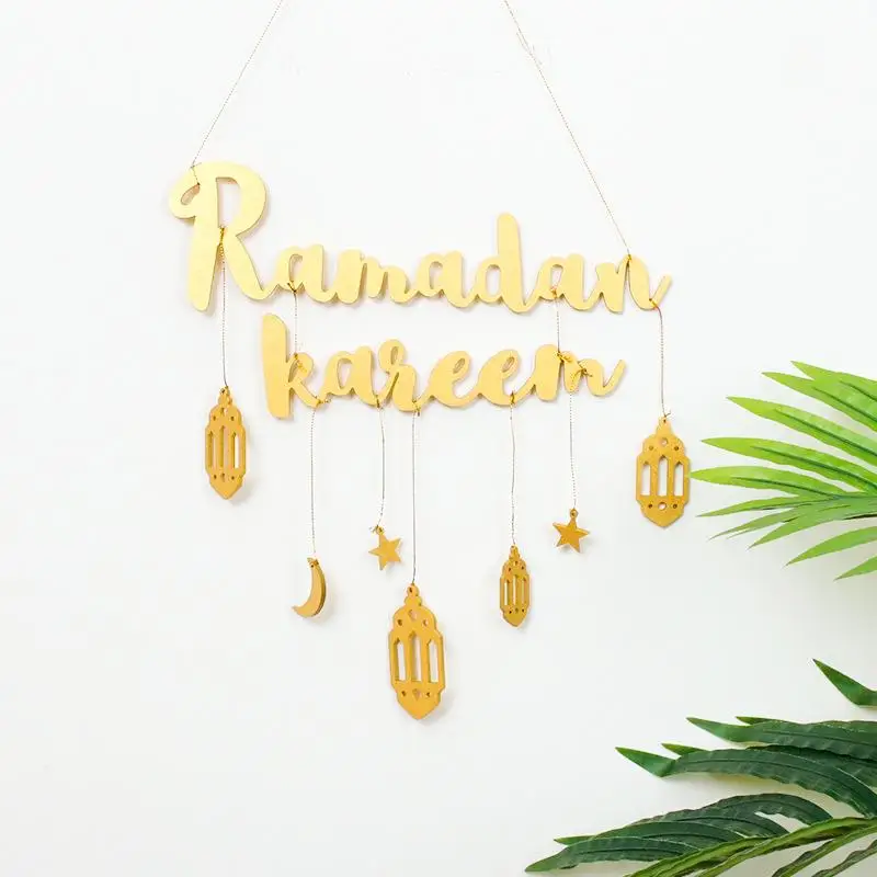 Ramadan Kareem Decor Moon Star Hanging Pendant Wooden Craft Eid Mubarak Ramadan Decoration for Home Door Plaque Sign