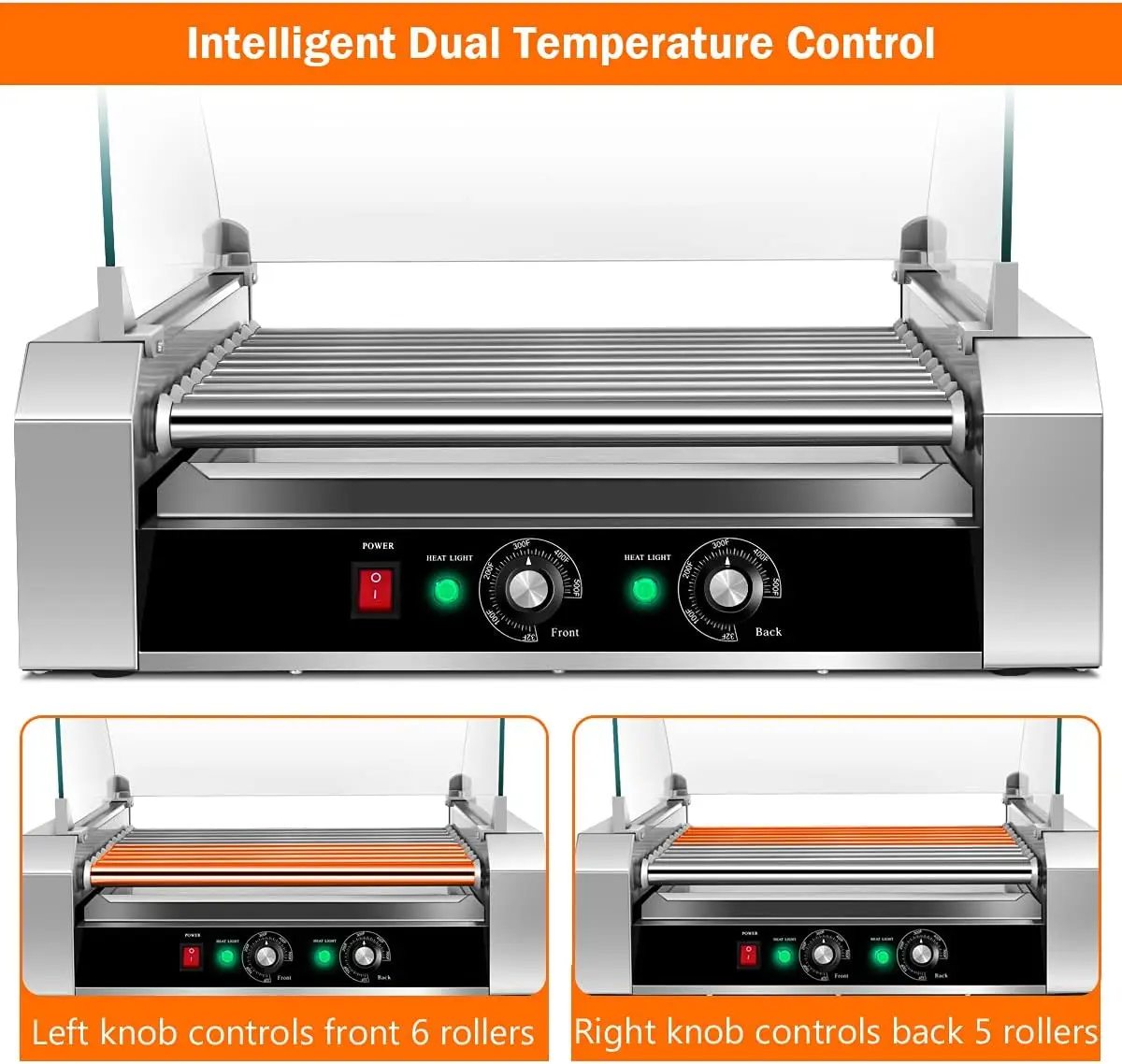 11 Non-Stick Rollers 30 Sausage Grill Cooker with Removable Stainless Steel Drip Tray and Glass Hood Cover, Commercial Household