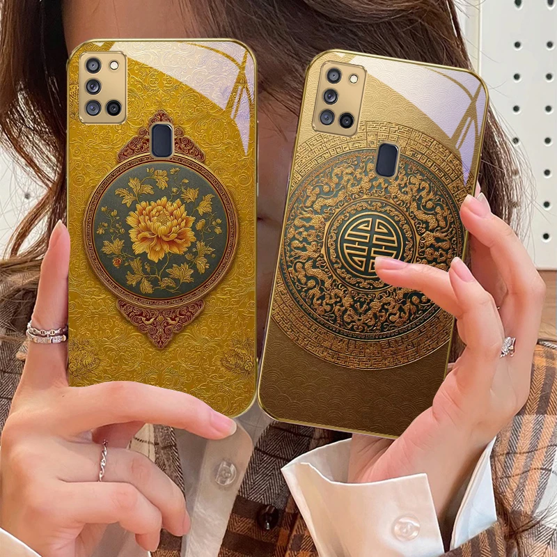 أقحوان أصفر لسامسونج A 31 32 A33 A34 35 14 A15 13 16 25 26 50 52 53 54 55 56 70 71 72 73 حافظة هاتف زجاجية ذهبية