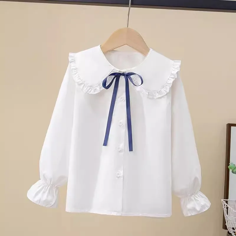 Girls\' Spring Autumn Blouse New Korean Style Fashionable Long Sleeve White Shirt Children\'s Lace Peter Pan Collar Bottoming Shir