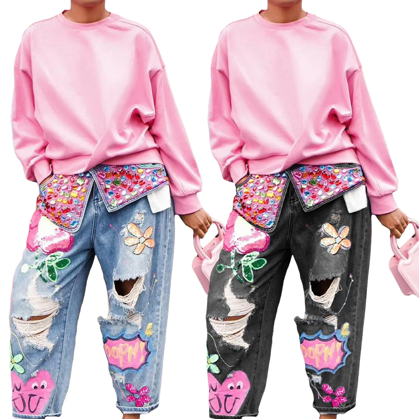 

Джинсы женские Faion Streetwear с высокой талией, принтом и вырезами, новинка, модные, повседневные, свободного кроя, осенний сезон