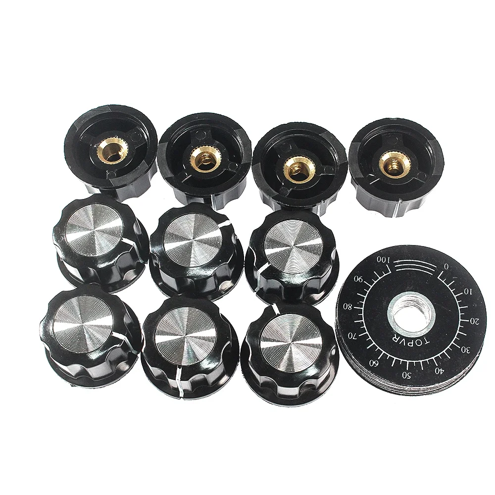 10 Set Potentiometer Knob Kit 6mm MF-A03 Dial Knob Cap + MF-A03 Bakelite Knob with Scale Plate Sheet Scale Digital
