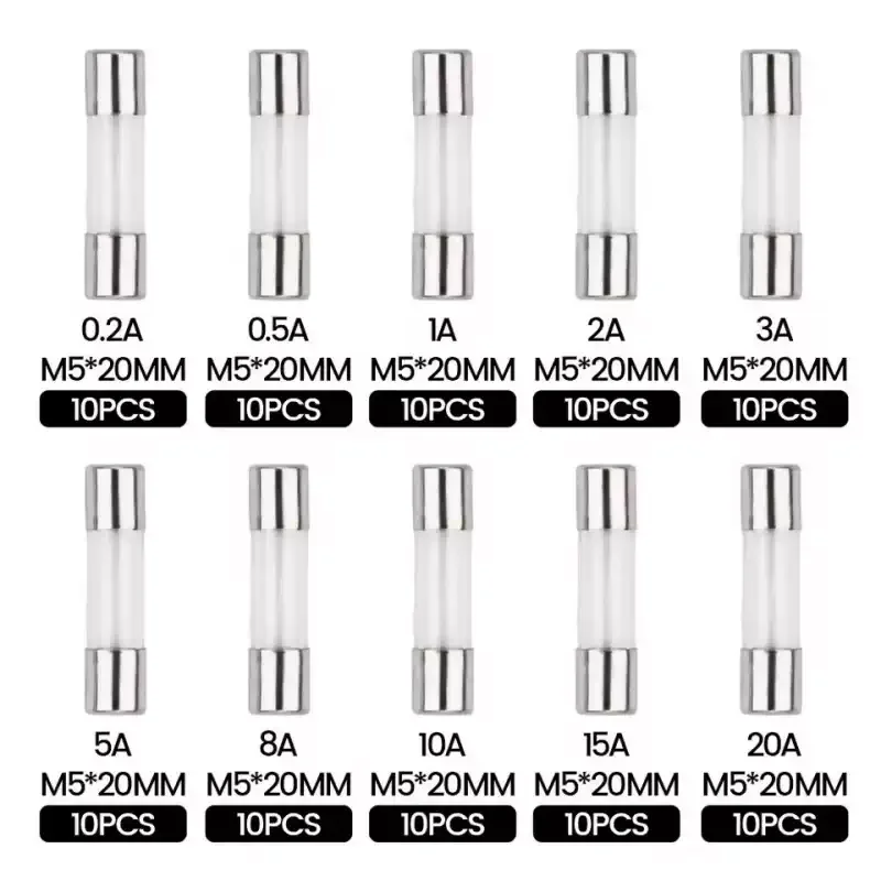 100Pcs 5x20mm Glass Fuse Tube Assorted Kit 0.2A-20A 10 Kinds Specification 10Pcs Each Universal Electric Insurance Tube Box Set