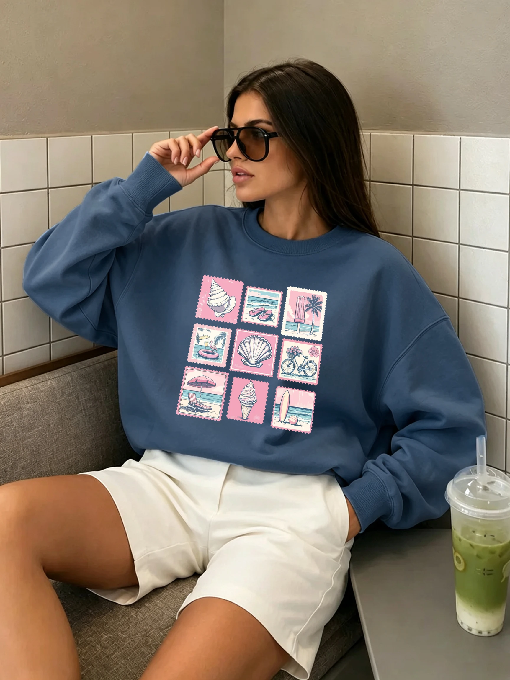 Vintage Shell Beach Stempelprint Damen Pullover Lockerer Fleece-Sweatshirt Herbst Y2K Kleidung Rundhals Jogging Sportbekleidung – Detail 14