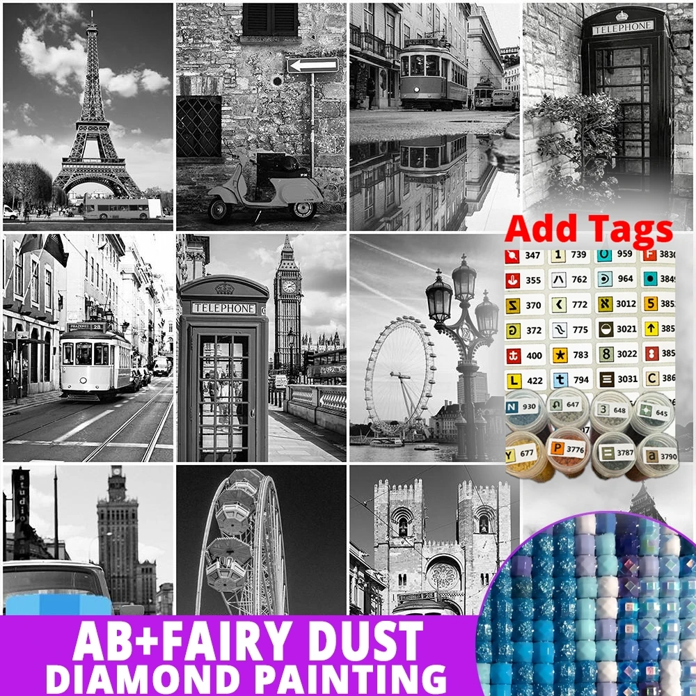 

Фея Пыль AB поставляется с наклейками DMC, черно-белые наборы для вышивки крестом, алмазная живопись, пейзаж, уличная картина, мозаика