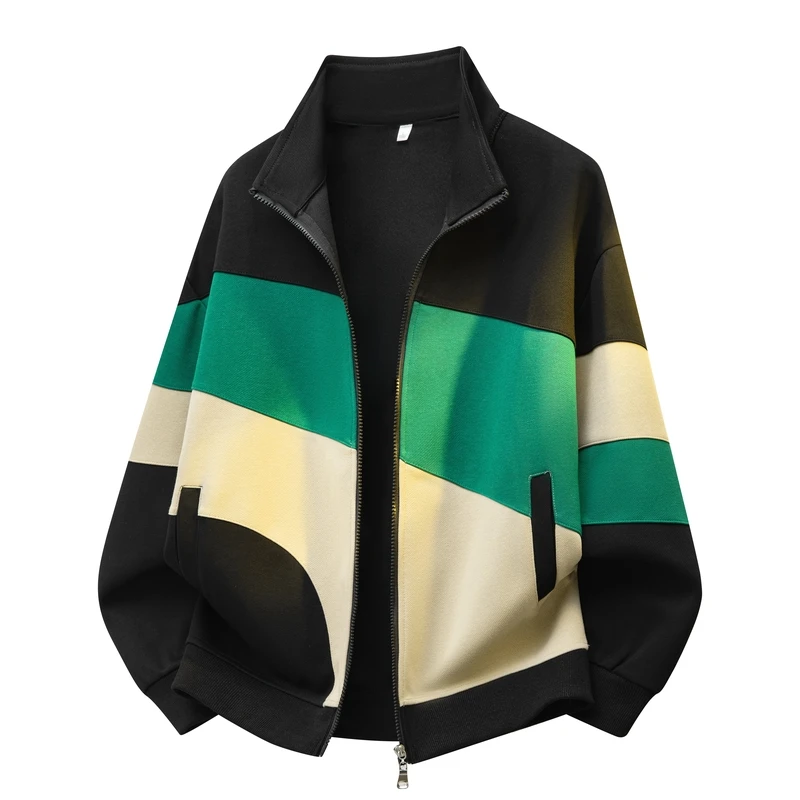 Men Color Block Patchwork Zip Jacket Stand Collar Loose Casual Sport Outerwear