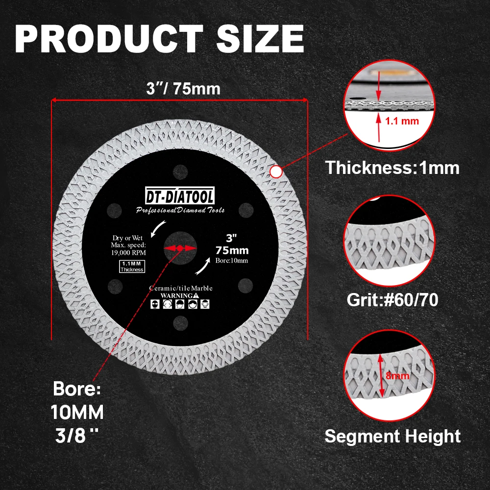 DT-Dialtool 3inch 75mm Diamond Cutting Disc Tile Cutter Marble Tile Ceramic Porcelain Cut Saw Blade Bore10mm Mini Saw Plate