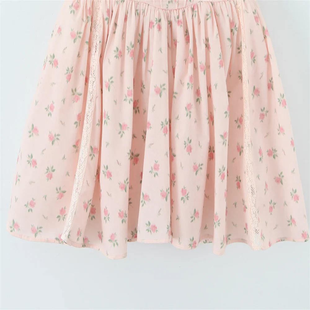 Sweet retro floral pure desire V-neck lace hollow waist mini dress