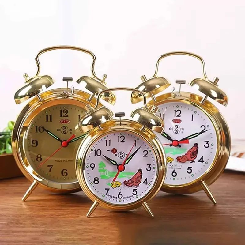 Vintage Mechanical Alarm Clock Chicken Pecking Rice Loud Children's Clockwork Desk Clock Luminous Metal Table Decoration