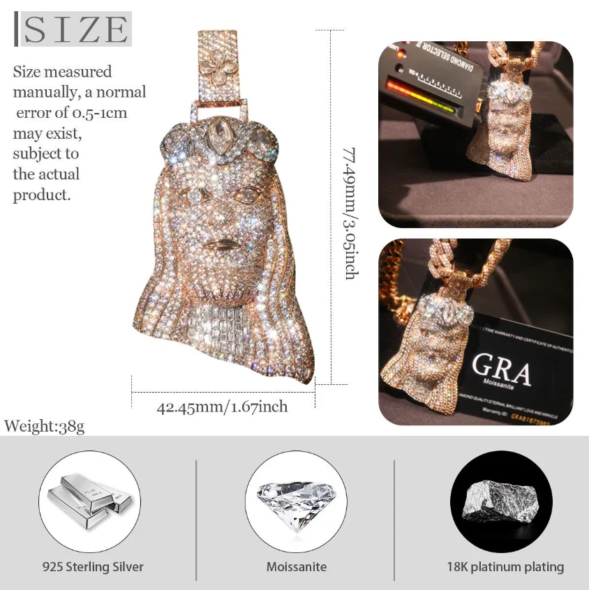 Hip Hop Jewelry Iced Out CZ Jesus Head Pendant Gold Plated Charm Necklace Accessories Fine Rapper Jewelry Gifts for Men Boys