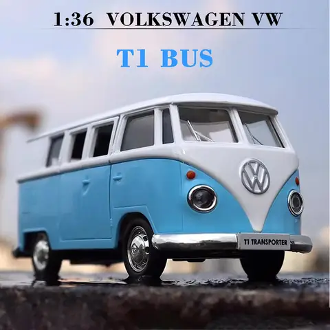 1:36 Volkswagen VW T1 autobús coche de juguete modelo aleación Diecast con puertas extraíbles modelos de furgoneta abierta los mejores regalos para niños juguete