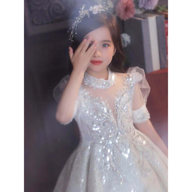 Fashion Kids Girls Flower Dresses Shining Sequins Beading Fluffy Children Dress Stand Up Collar Bubble Sleeves Piano Prom Gown