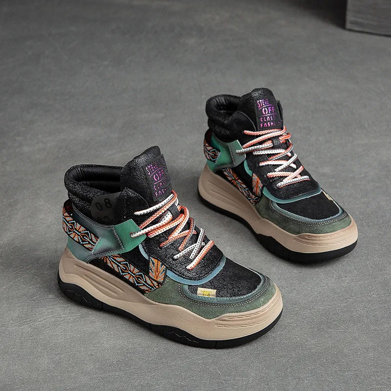 5CM Genuine Leather Women Ankle Boots 2026 Spring Thick Bottom Causal Sports Shoes Chunky Sneakers High Top Skateboarding Shoes