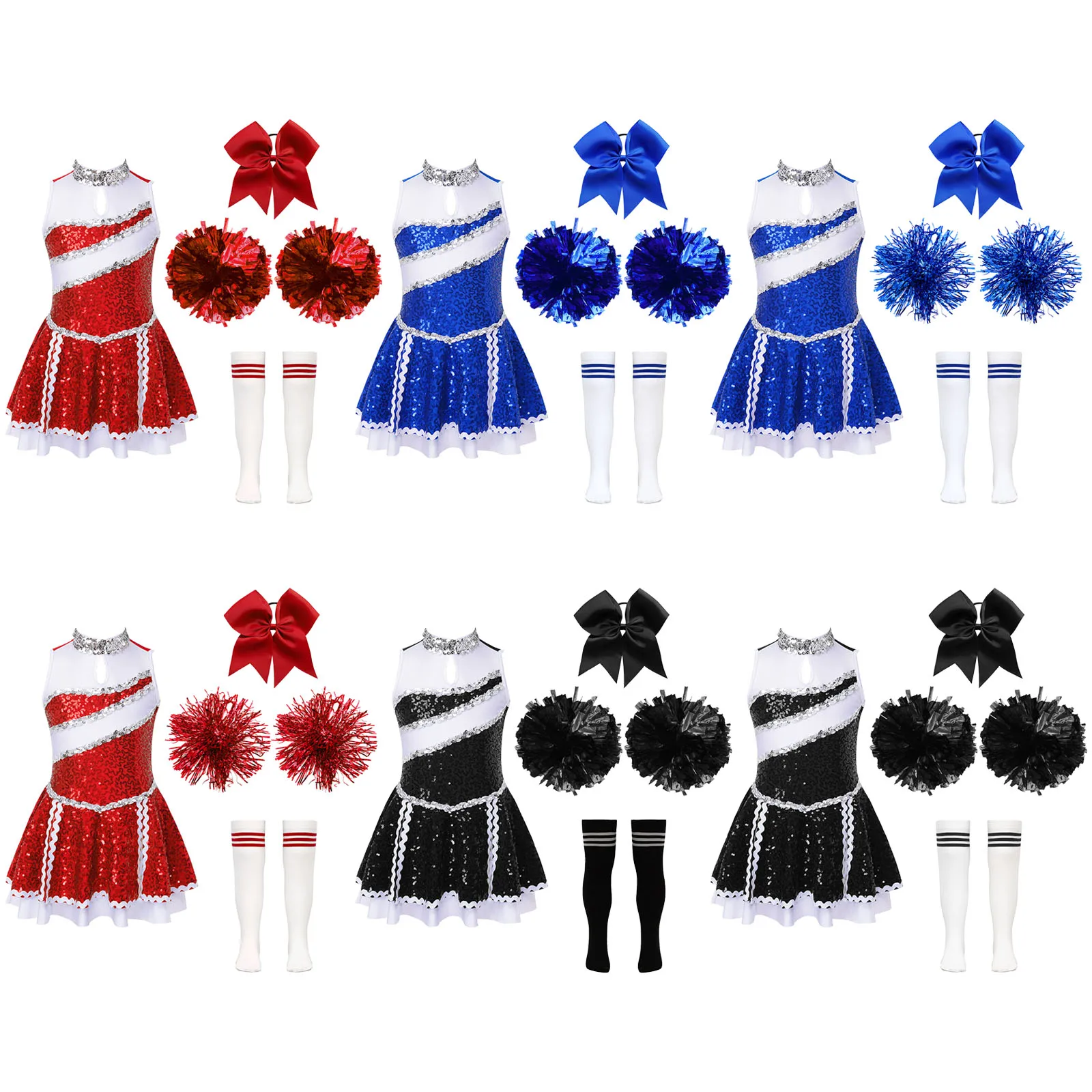 Kids Girls Halloween Cheerleader Dance Performance Costume Halloween Birthday Party Shiny Sequins Cheerleading Dress Outfit Set