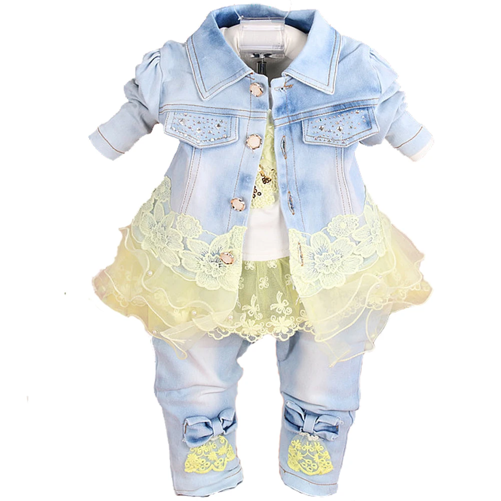 6m-4T Spring Autumn Baby Girls Denim Clothing 3pcs Sets Tops T Shirt Denim Jacket and Jeans