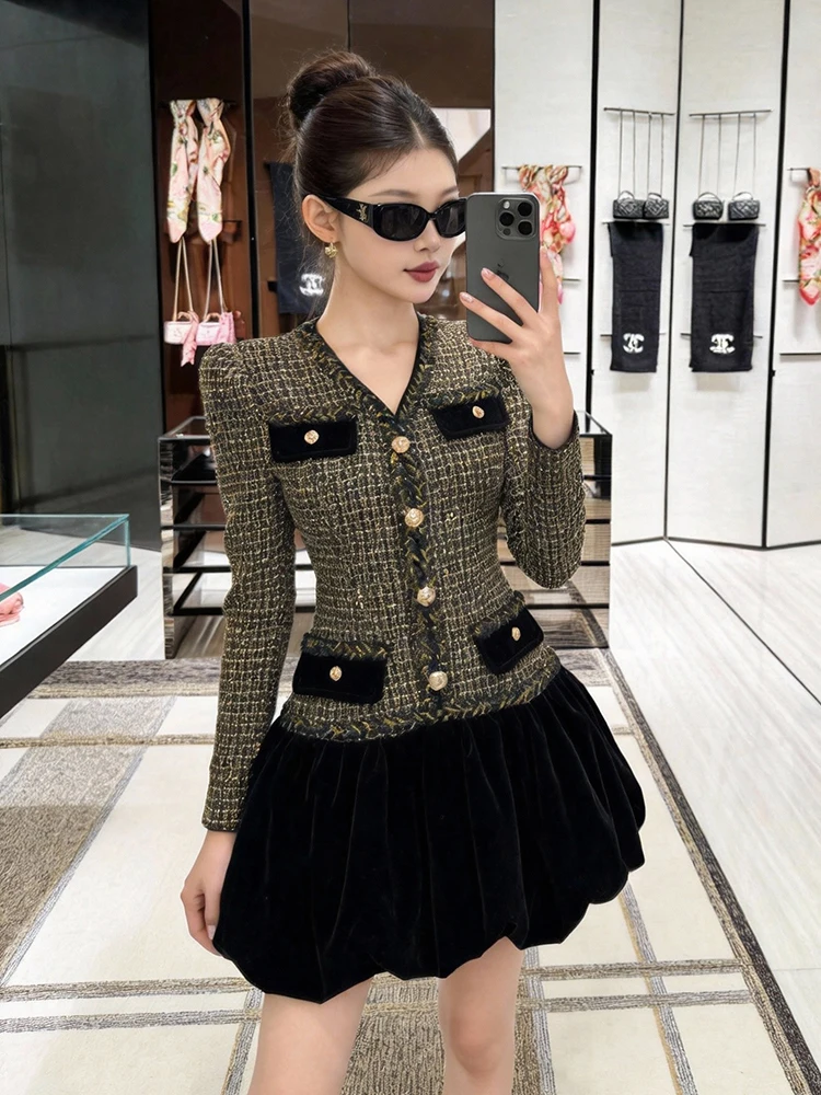 Klassisches Mini-Kleid für Damen, Retro, elegant, gefälschtes zweiteiliges Tweed-Kleid, schmal geschnitten, A-Linie, Cocktail-Partykleid, formelle Anlässe, Alltag, Streetwear, schick