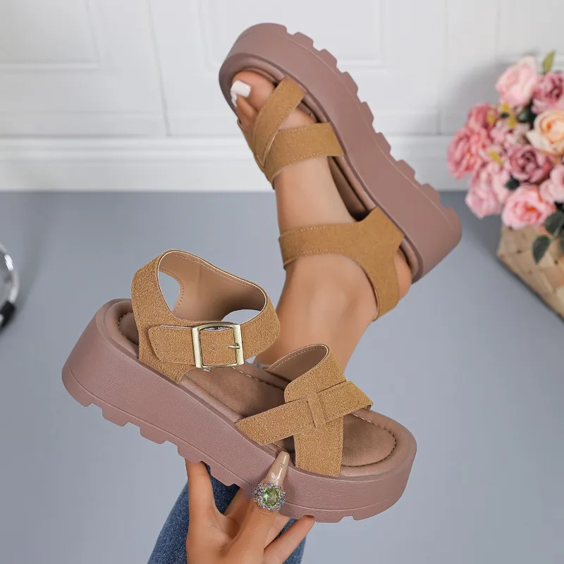 Women's Summer New Round Head Open Toe Slope Heel Sandals Women Waterproof Platform Metal Buckle Fashion Non-slip Heel Sandals