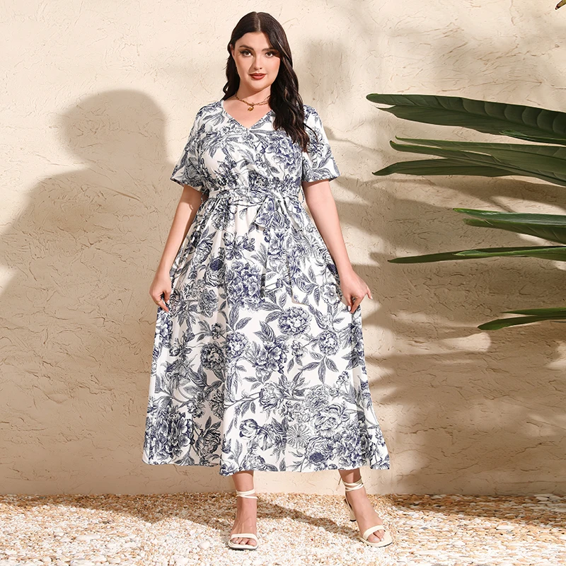 Plus Size kwiatowy nadruk z krótkim rękawem artystyczna swobodne sukienki dla kobiet wiosna lato z dekoltem w szpic islamski Sundress Kaftan Vestidos 2024