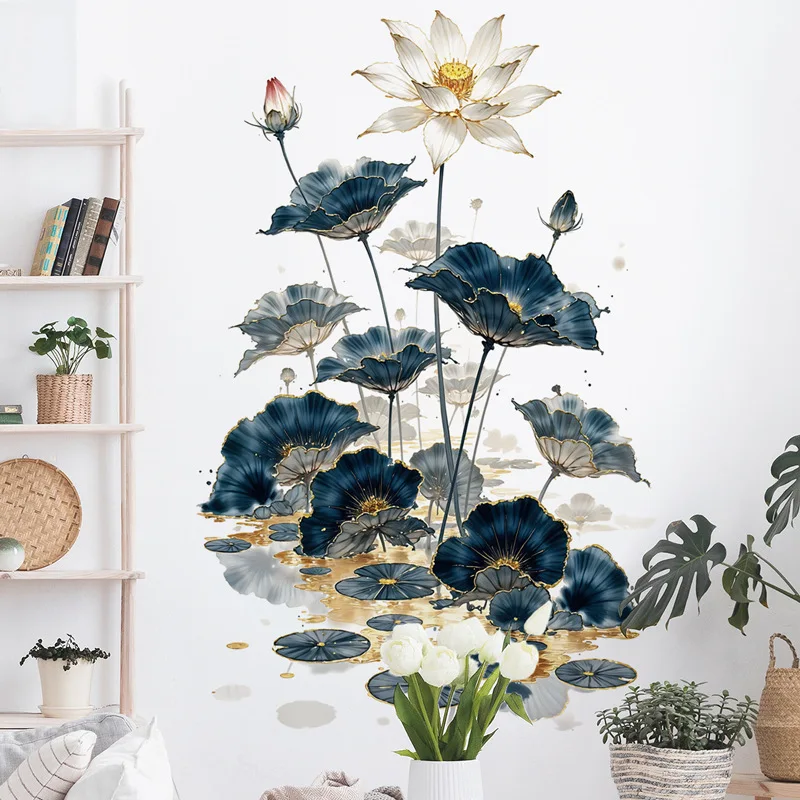 Chinese Style Lotus Wall Sticker, Removable Background Wall Decal for Bedroom & Sofa Wall, Home Decor Mural,  Item No.69098